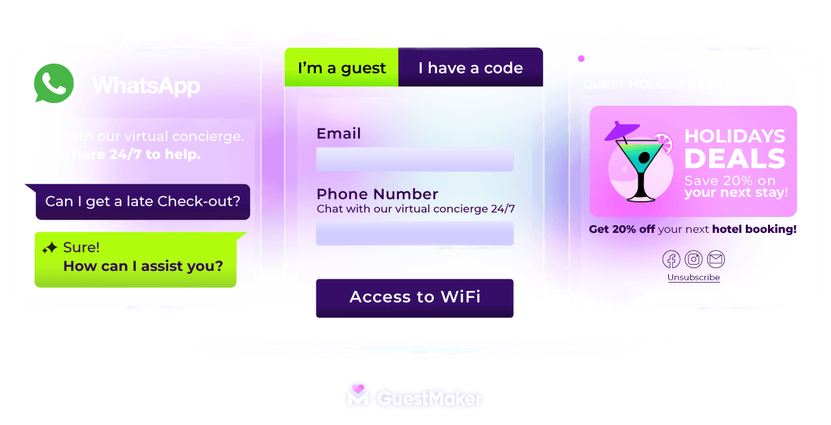 GuestMaker WiFi captive portal with a WhatsApp virtual concierge chat and an exclusive email offer