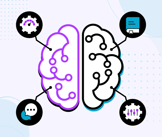 Half-digital brain linked to icons for performance, knowledge, conversation and settings