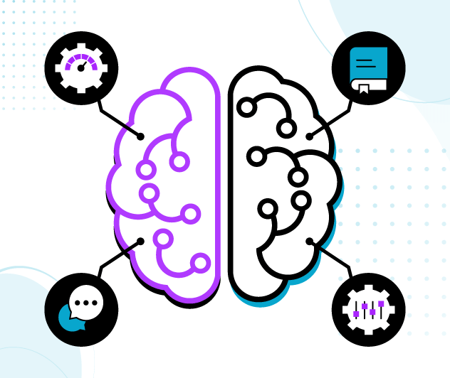 Cerebro mitad digital conectado a iconos de rendimiento, conocimiento, conversación y ajustes