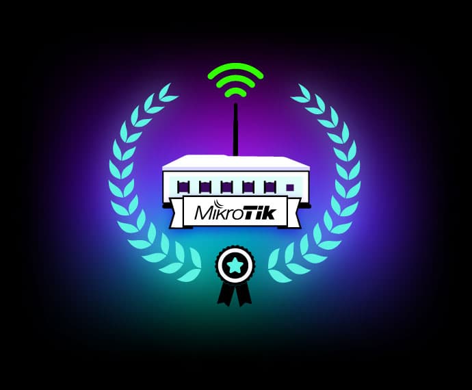 MikroTik router surrounded by laurels and a medal, symbolising official certification