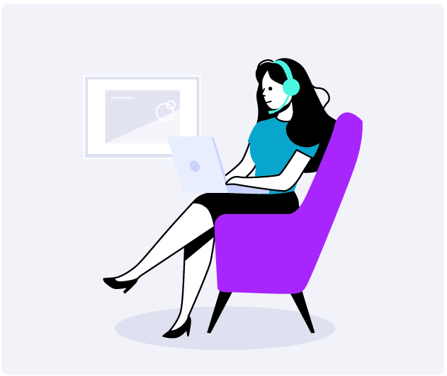 Illustration of a support agent with a headset helping customers from her laptop