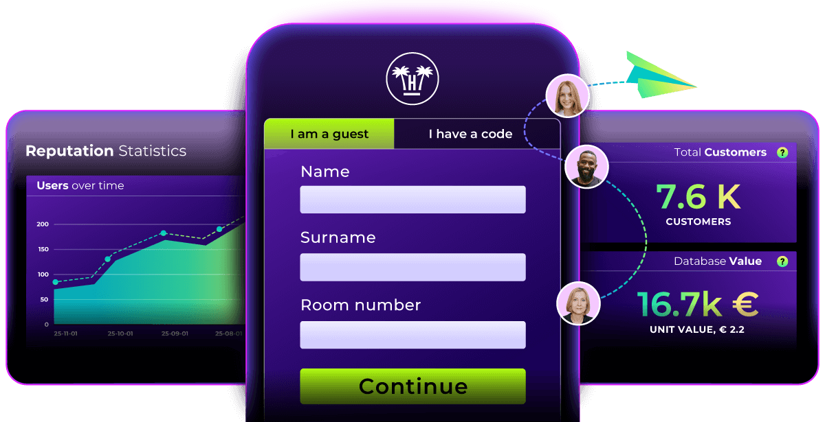 Hotel WiFi captive portal with login form, customer statistics and database value