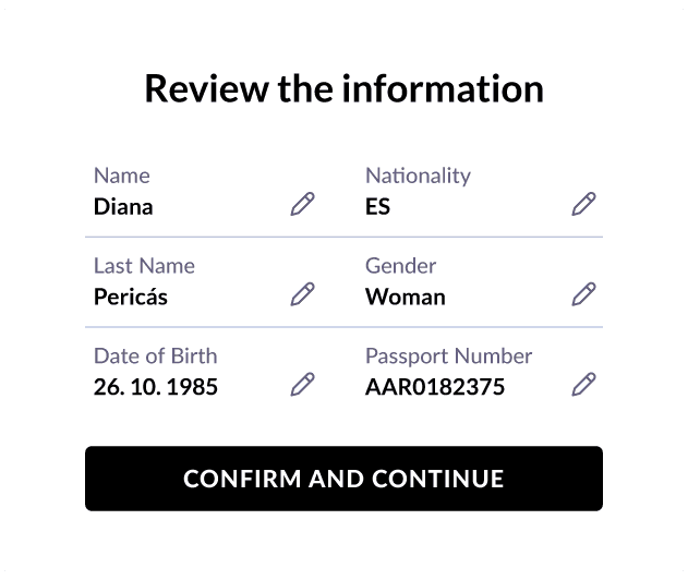 Check-in screen to review and edit guest details before confirming