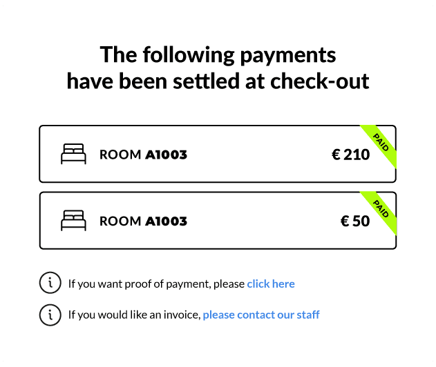 Check-out screen with room payments settled and marked as paid
