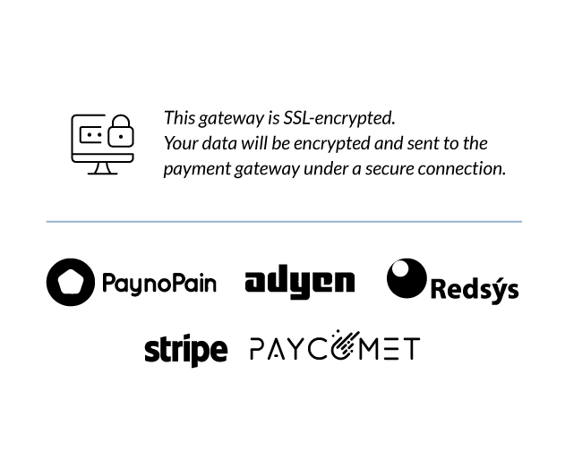 SSL-encrypted gateway notice with PaynoPain, Adyen, Redsys, Stripe and Paycomet logos