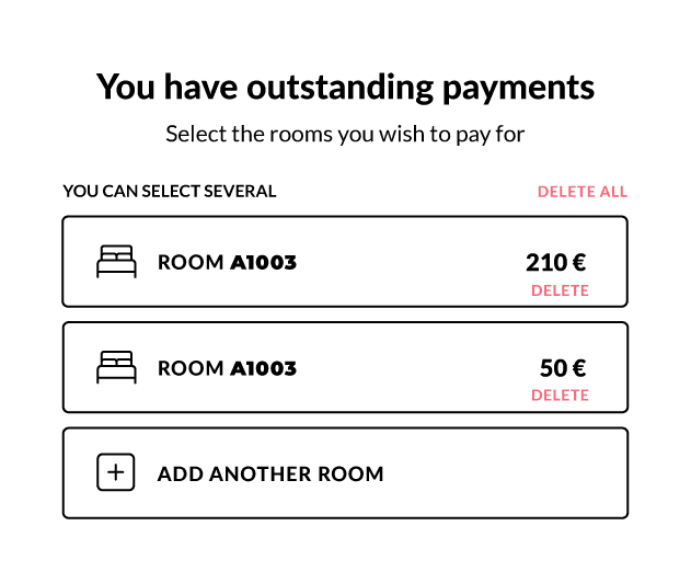 Outstanding payments screen to select which rooms to pay for at check-out