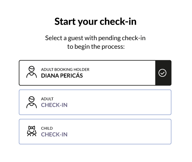 Check-in start screen to select the booking holder, an adult or a child guest