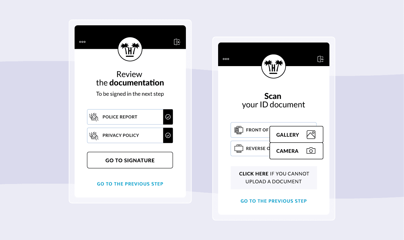 Digital check-in screens to review the documentation and scan the guest's ID document