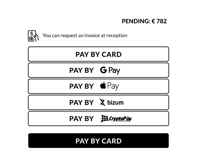 Payment options for the pending amount by card, Google Pay, Apple Pay, Bizum or CryptoPay