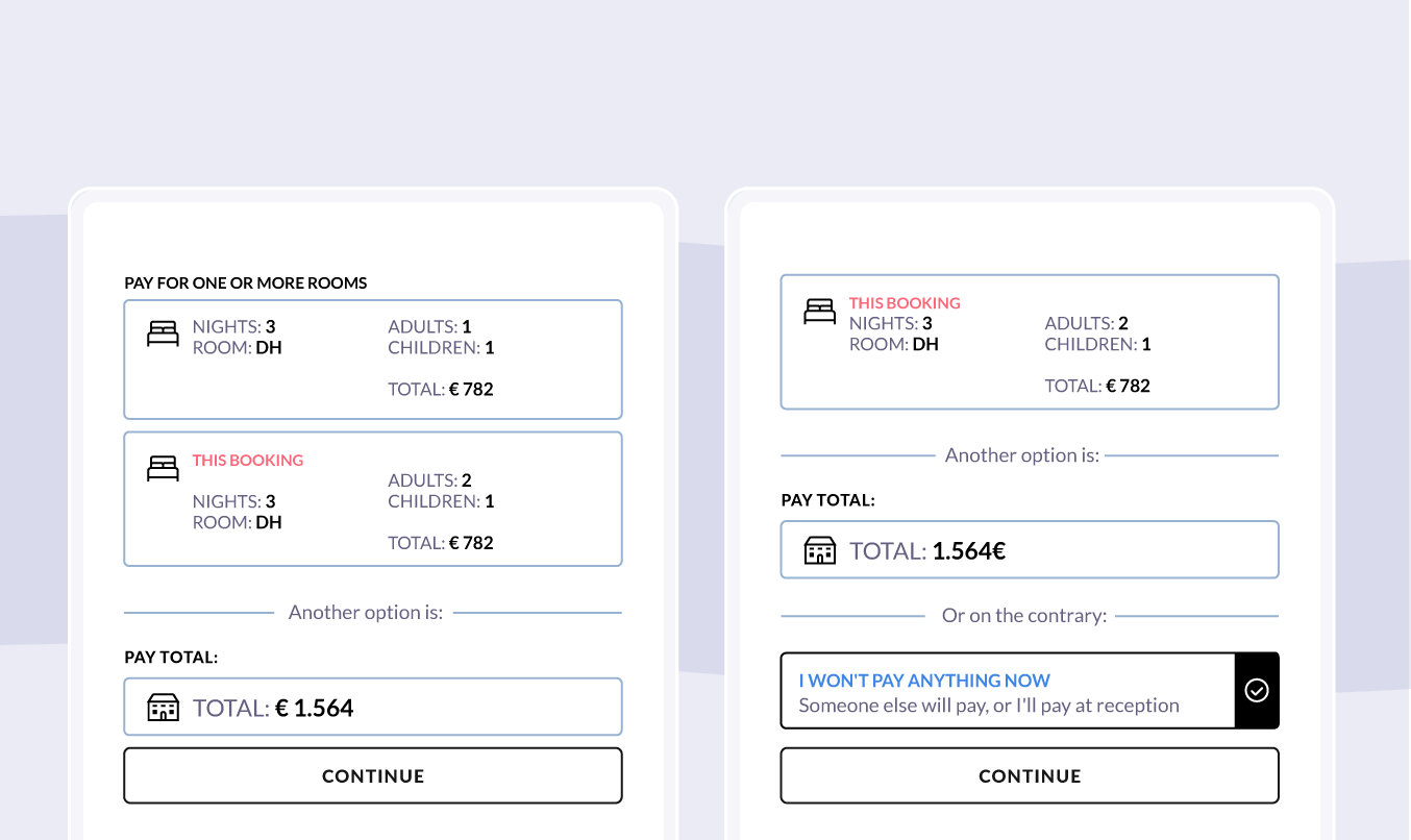 Screens to pay for one or more bookings, the full amount, or leave payment for reception