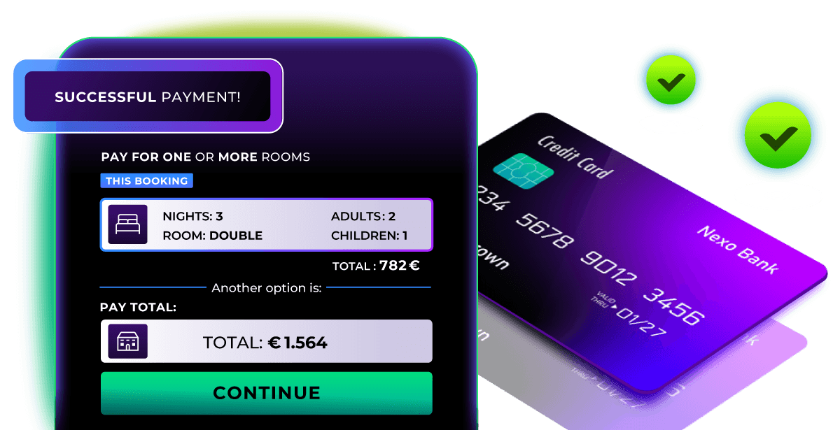 Payment screen for one or more rooms with a successful payment notice and a credit card
