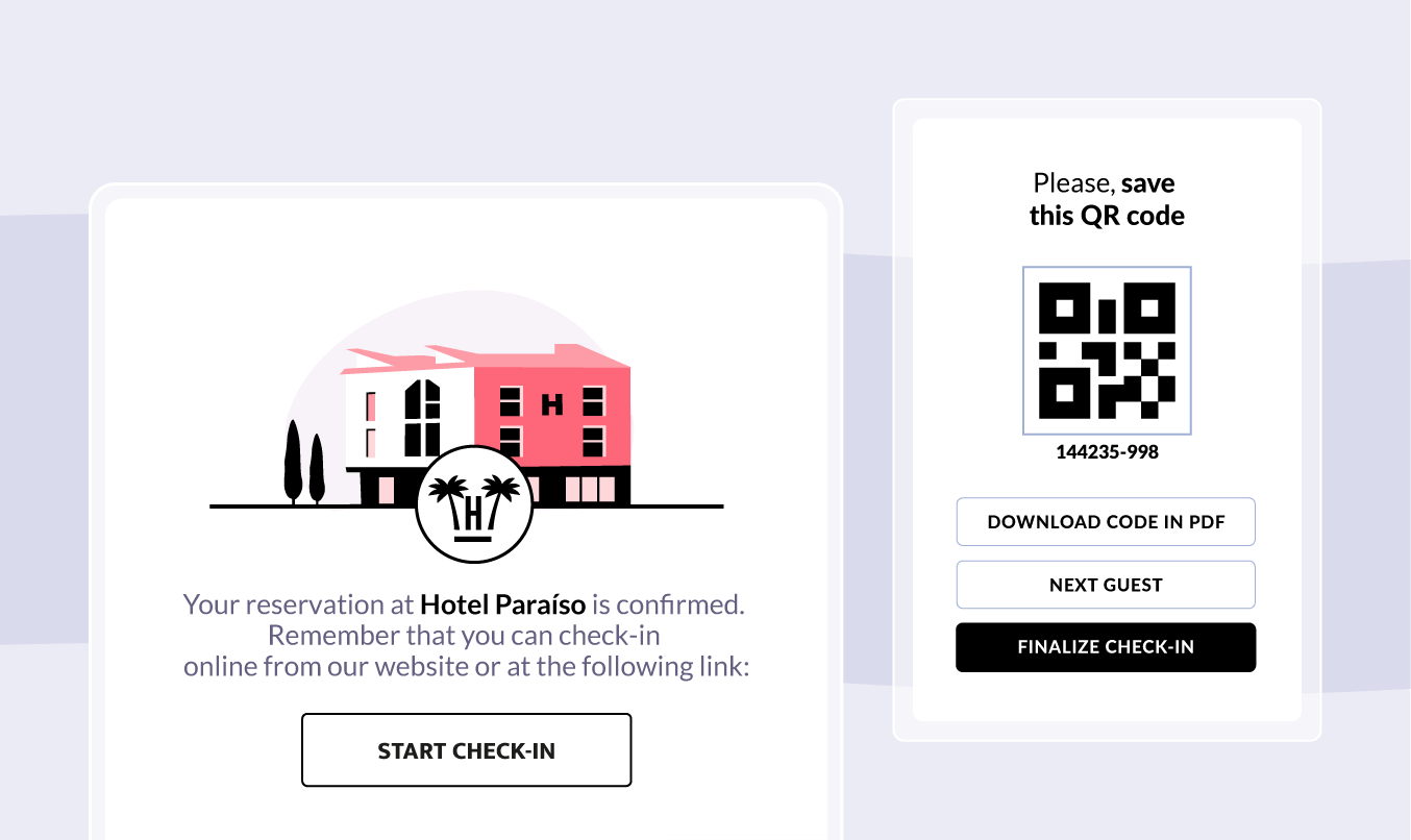 Booking confirmation email with an online check-in link and a QR code to save or download as PDF