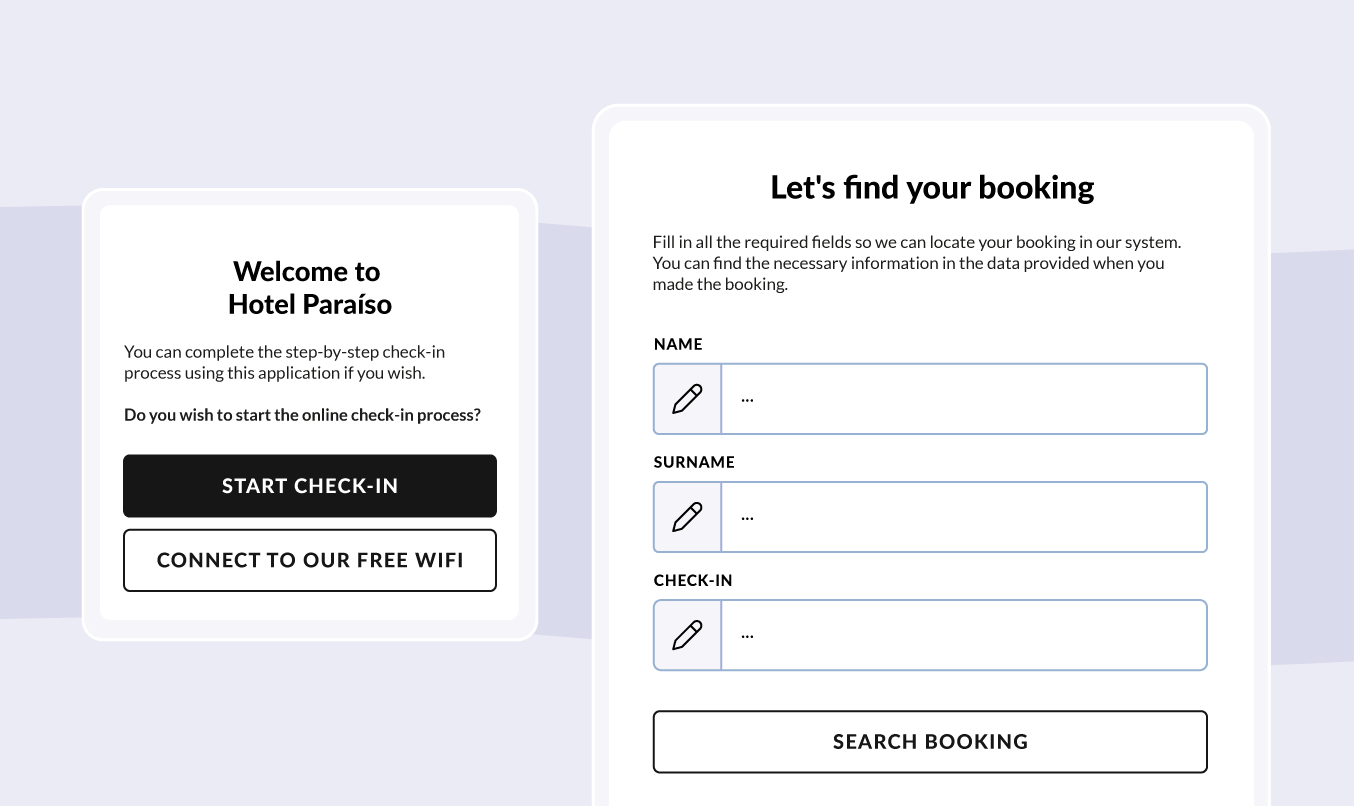 Hotel welcome screen and booking search by name, surname and check-in date