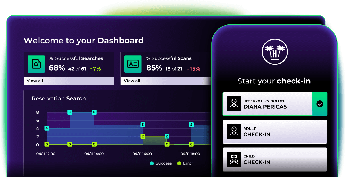 DeskForce dashboard with successful searches and scans next to the check-in start screen