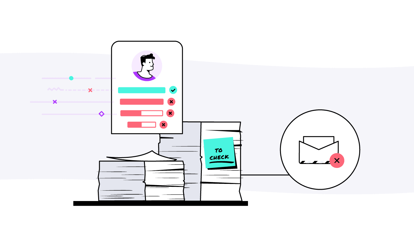 Guest profile with incomplete data, stacks of paperwork to review and an undelivered email