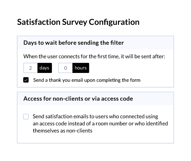 Satisfaction survey settings: days and hours to send after the first connection