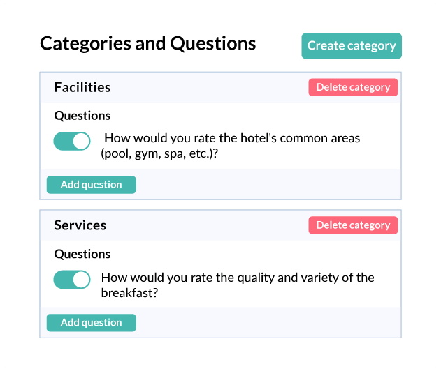 Survey questions grouped into categories such as facilities and services