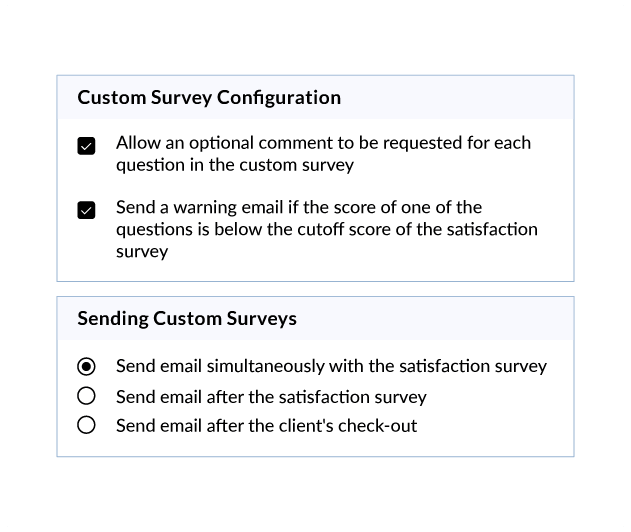 Custom survey settings: optional comments, low-score alerts and send timing