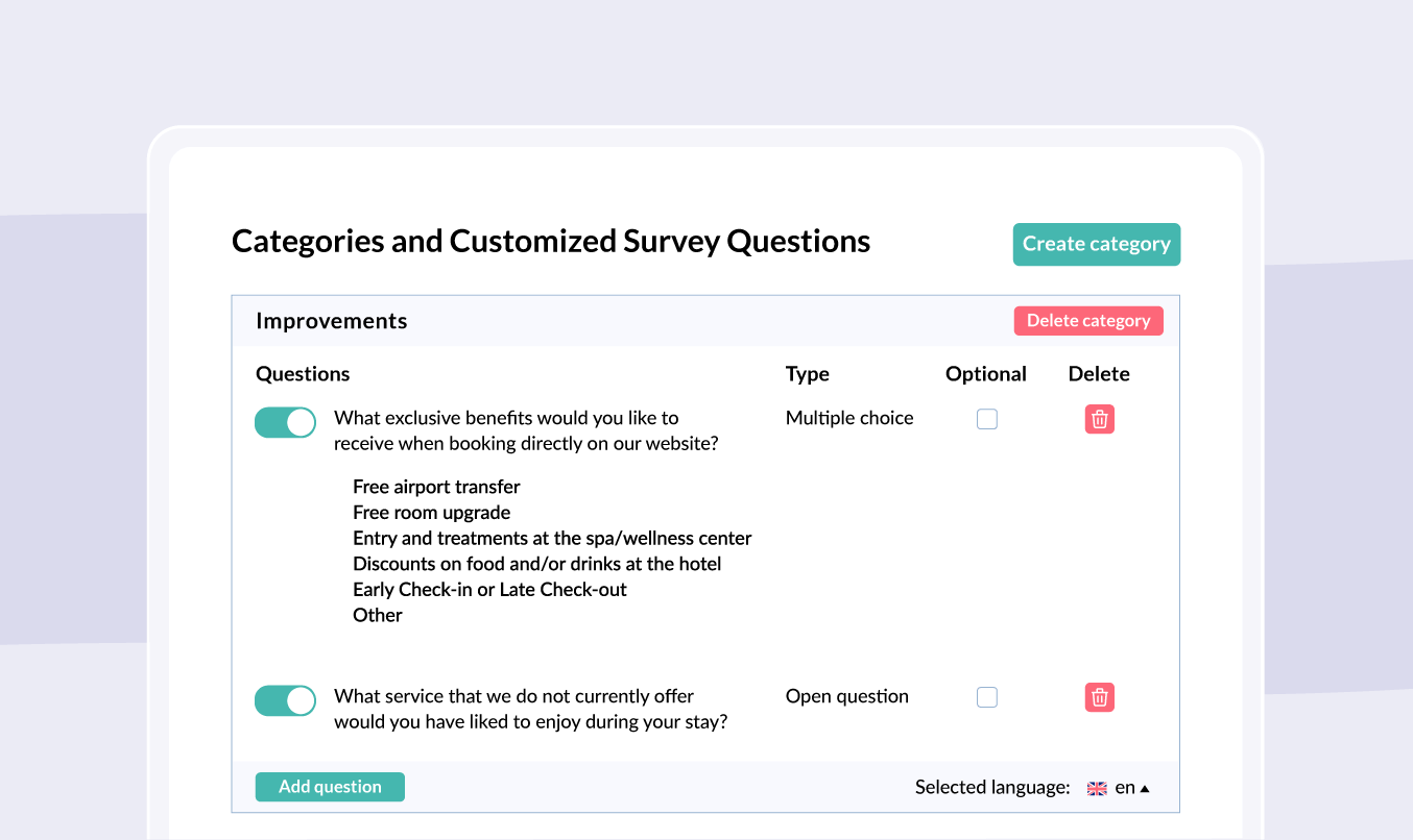 Custom survey category and question editor with multiple-choice and open questions