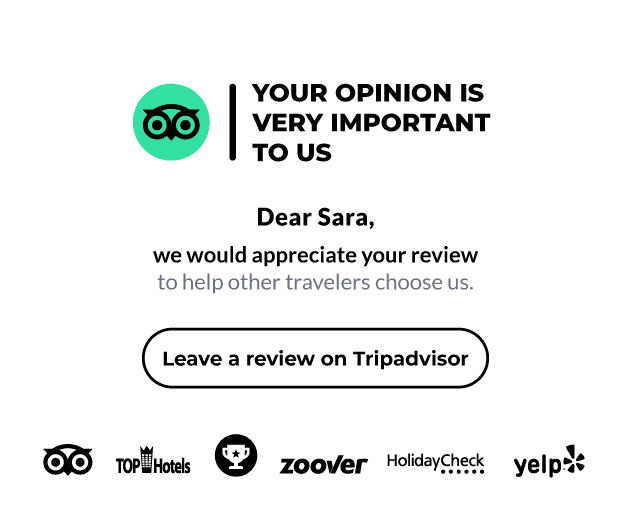 Post-stay email inviting the guest to review on Tripadvisor, with TopHotels, Zoover, HolidayCheck and Yelp logos
