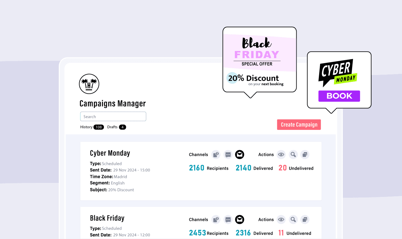 Campaign manager showing Black Friday and Cyber Monday sends with delivery stats