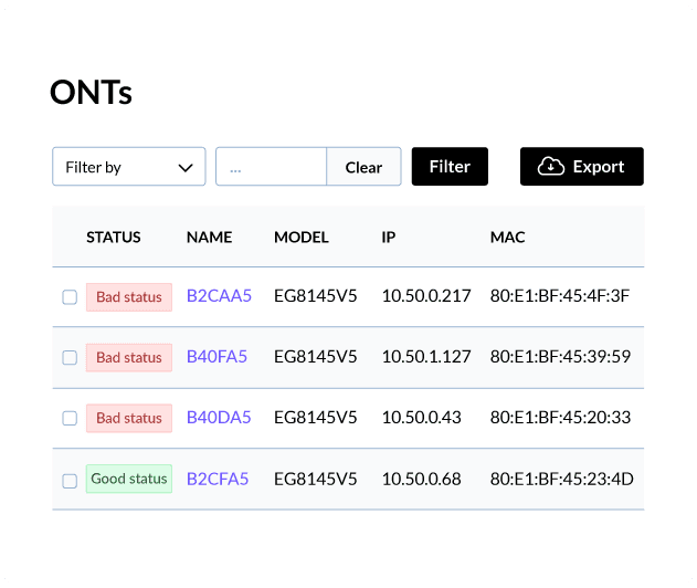 WiFiBot ONT table showing good or bad status, name, model, IP and MAC for each device