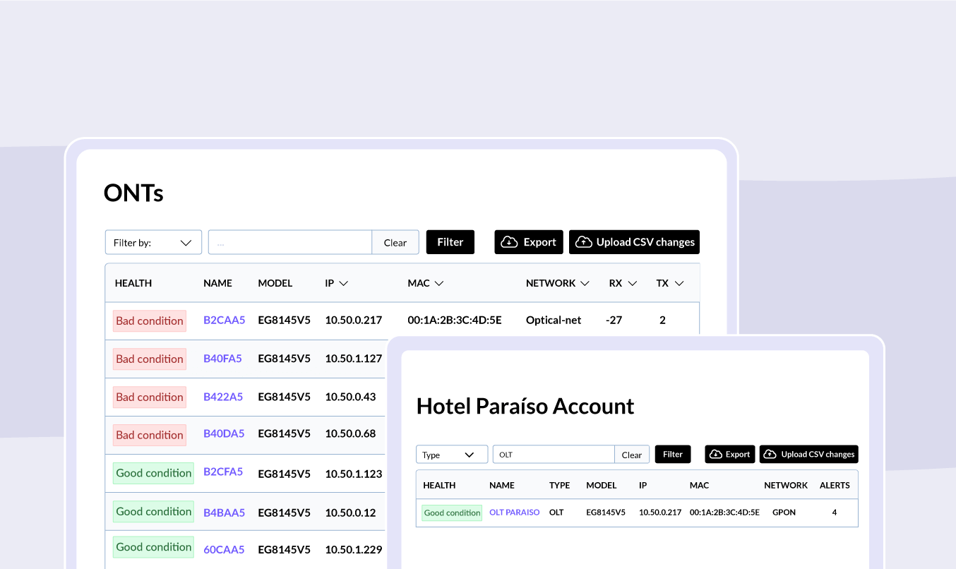 WiFiBot ONT dashboard with health status, model, IP and MAC, next to a hotel account view
