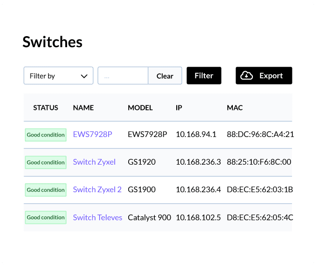 WiFiBot switch list with health status, name, model, IP and MAC