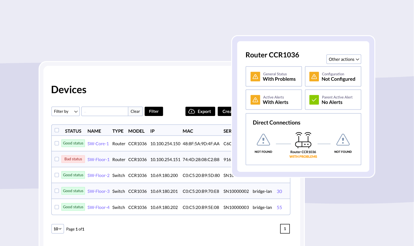 WiFiBot device list and a router detail card with status, alerts and direct connections