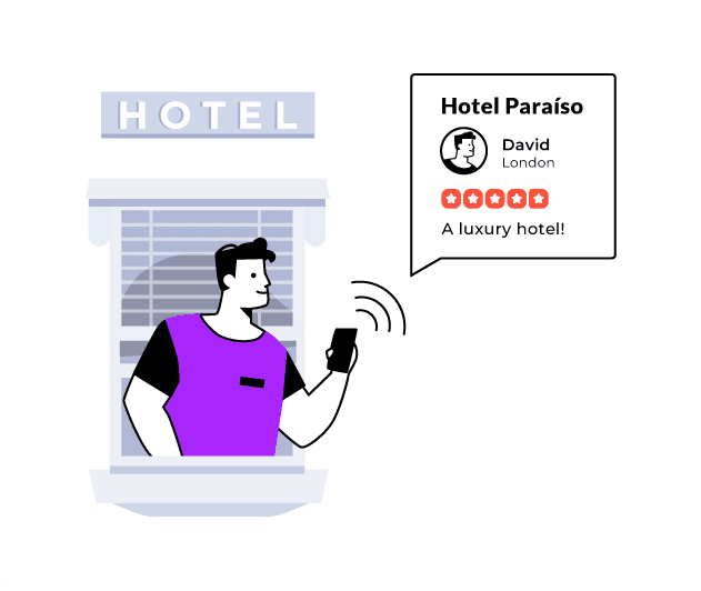 Guest on a hotel balcony posting a five-star review from their phone