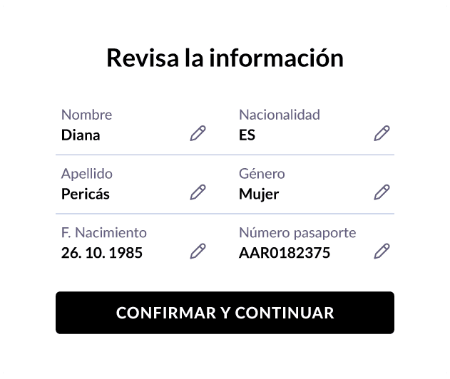 Pantalla de check-in para revisar y editar los datos del huésped antes de confirmar
