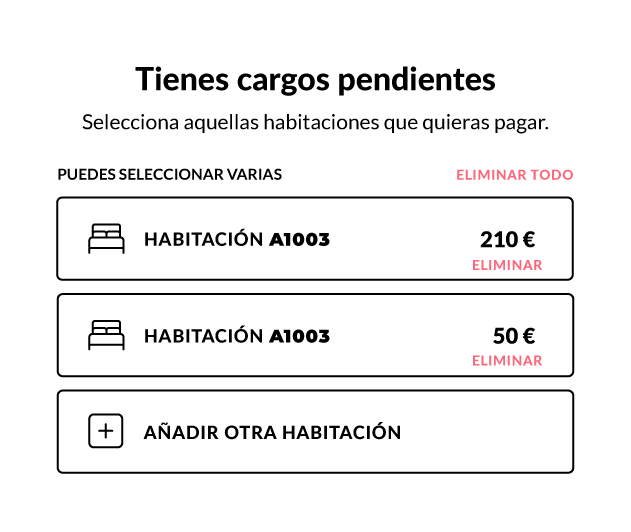 Pantalla de cargos pendientes para seleccionar qué habitaciones pagar en el check-out