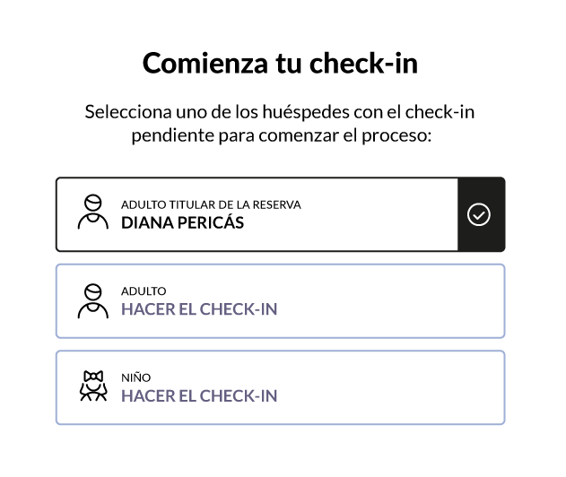 Inicio del check-in con la selección del huésped titular de la reserva, adulto o niño