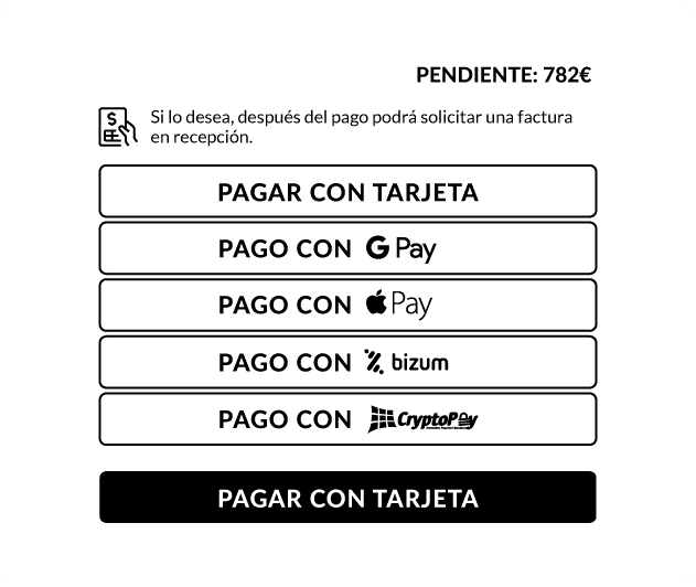 Opciones de pago del importe pendiente con tarjeta, Google Pay, Apple Pay, Bizum o CryptoPay