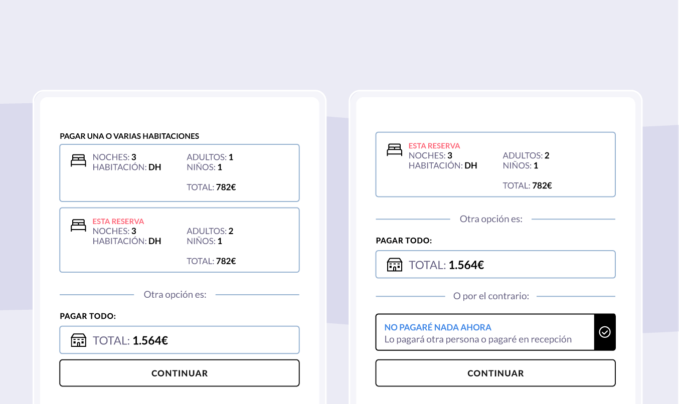 Pantallas para pagar una o varias reservas, todo el importe o dejar el pago para recepción