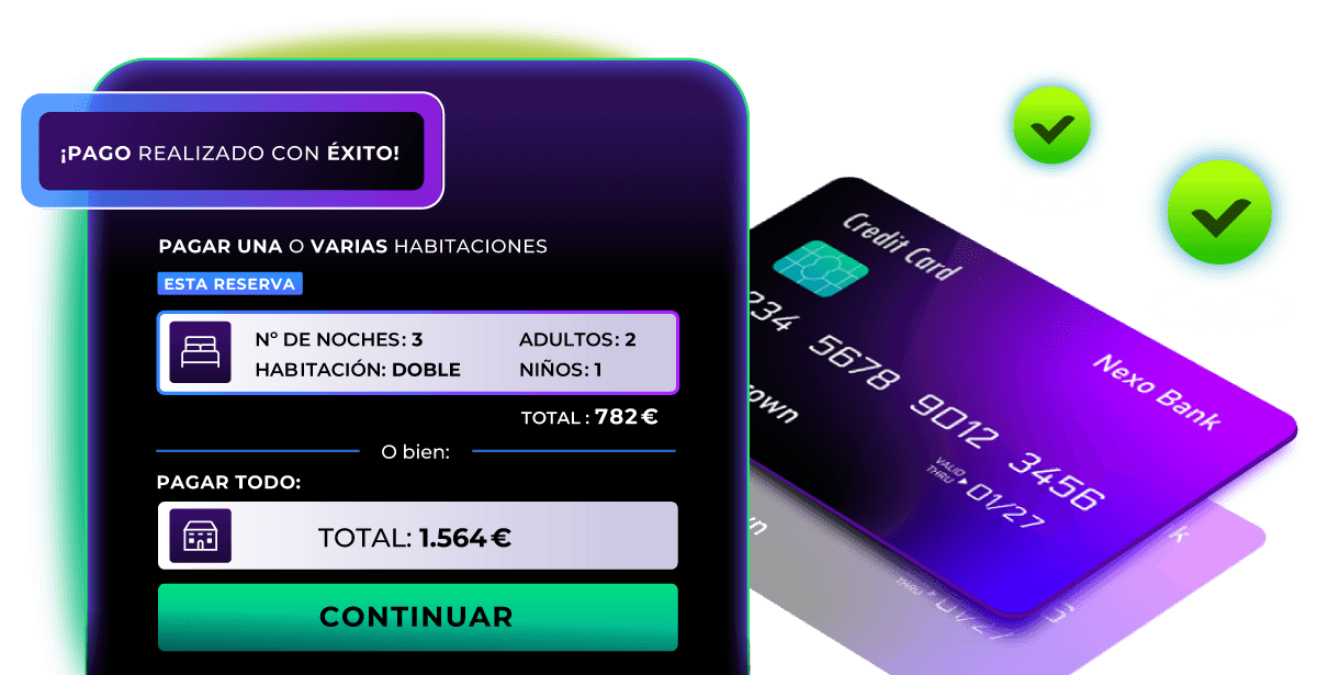 Pantalla de pago de una o varias habitaciones con aviso de pago realizado con éxito y tarjeta de crédito