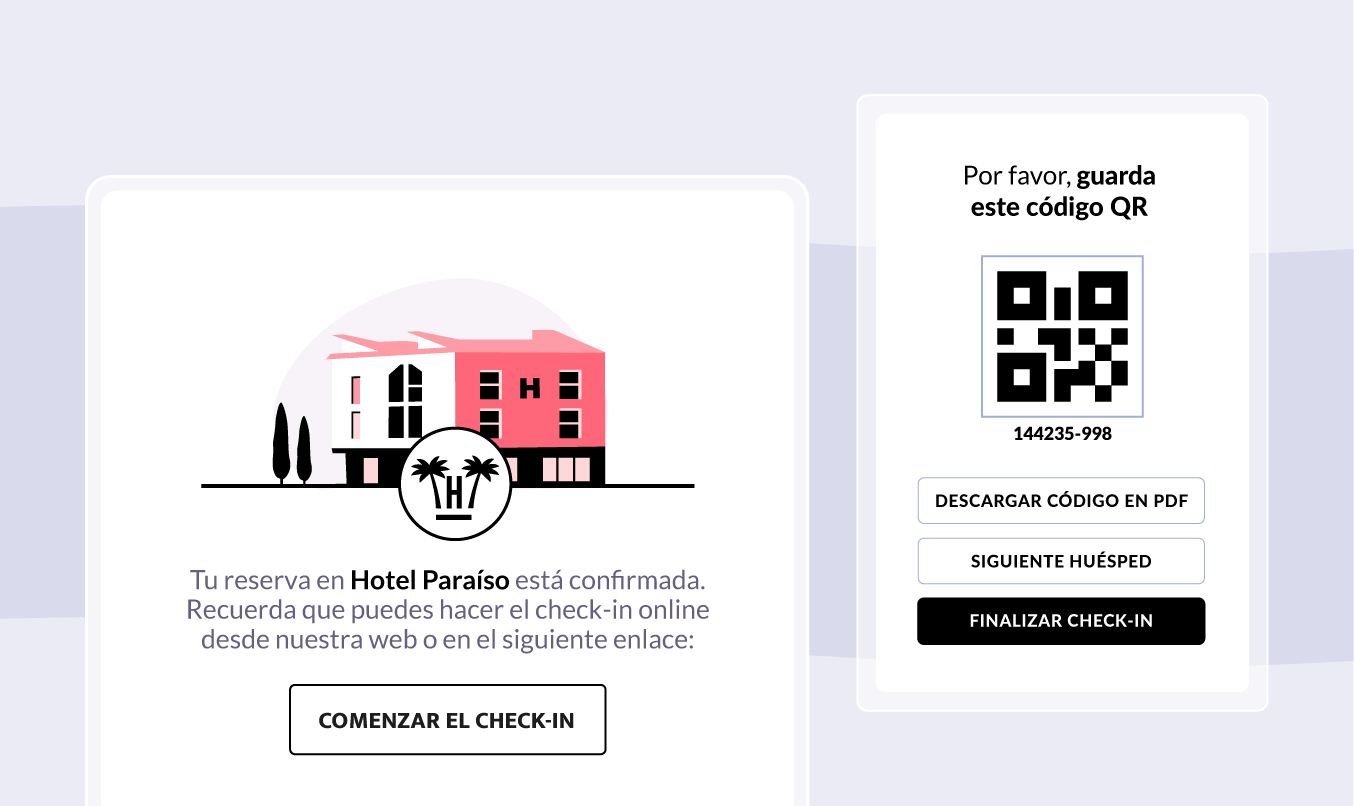 Email de reserva confirmada con enlace al check-in online y código QR para guardar o descargar en PDF