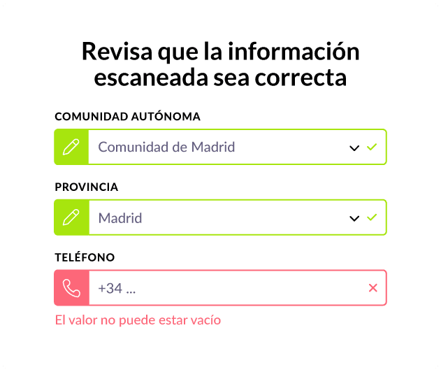 Formulario para revisar los datos escaneados del huésped con validación de campos obligatorios