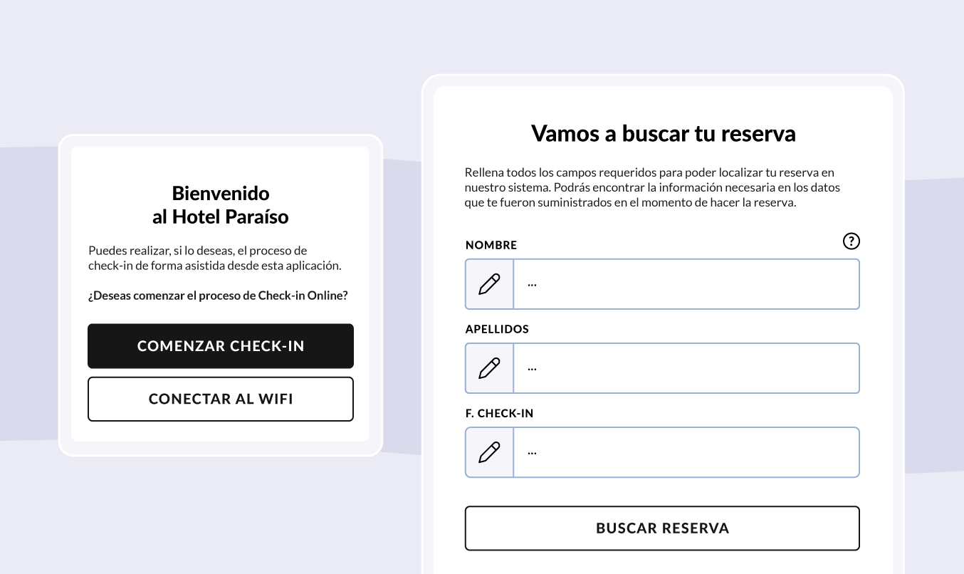 Pantallas de bienvenida al hotel y búsqueda de la reserva por nombre, apellidos y fecha de check-in