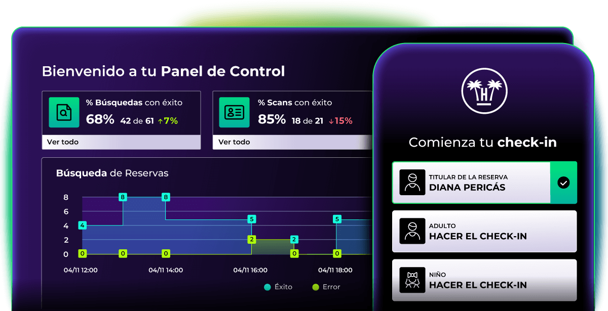 Panel de control de DeskForce con búsquedas y escaneos con éxito junto a la pantalla de inicio del check-in