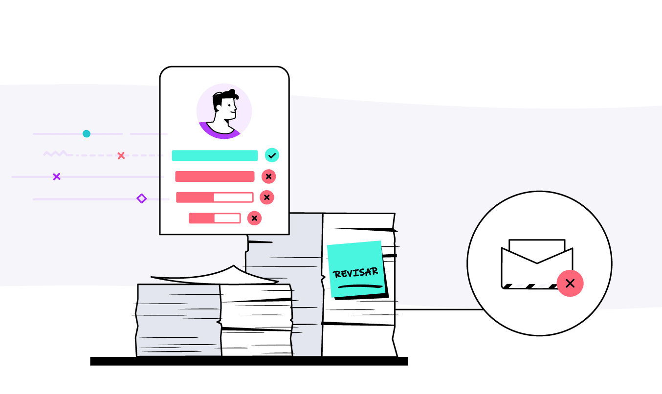 Perfil de huésped con datos incompletos, pilas de papeles por revisar y un email que no llega
