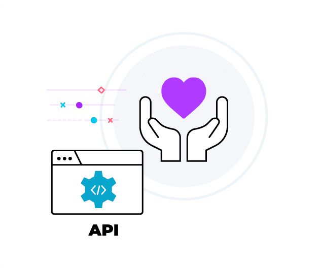 Manos sosteniendo un corazón conectadas a la API del programa de fidelización