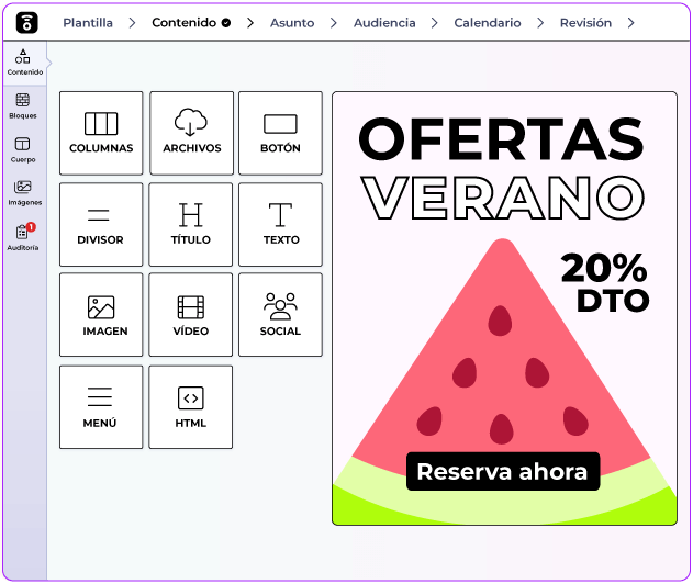 Editor drag-and-drop de emails con bloques de contenido y una plantilla de ofertas de verano