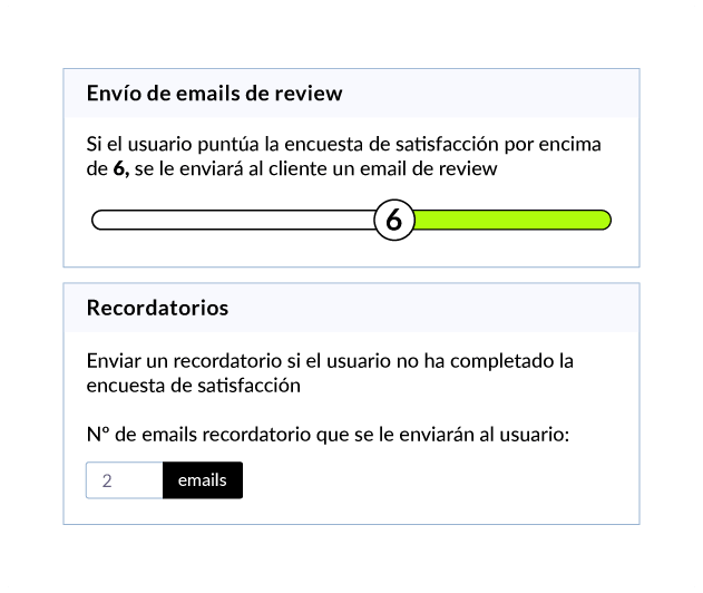 Ajustes de envío de emails de reseña según la puntuación de la encuesta y de recordatorios
