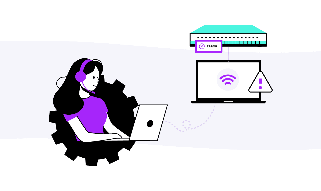 Técnica de soporte con portátil atendiendo un aviso de error en un router WiFi