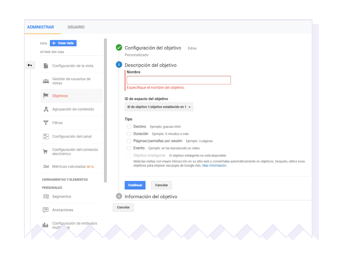 pantallazo configuracion objetivos en google analytics