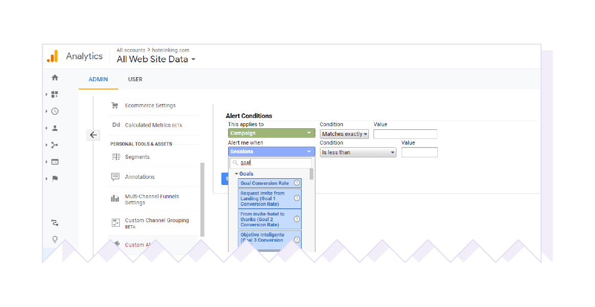 screenshot custom alert configuration in google analytics