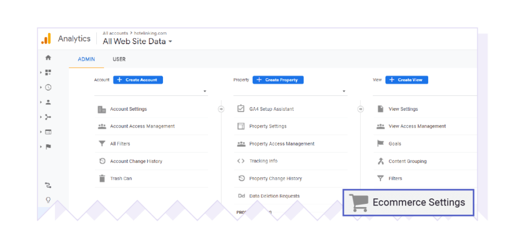 screenshot of ecommerce setup in google analytics