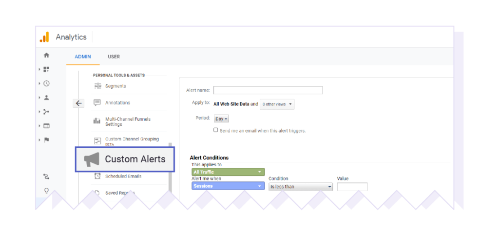 screenshot custom alerts in google analytics