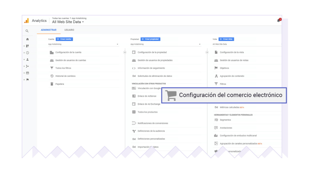 pantallazo configuración de comercio electrónico en google analytics